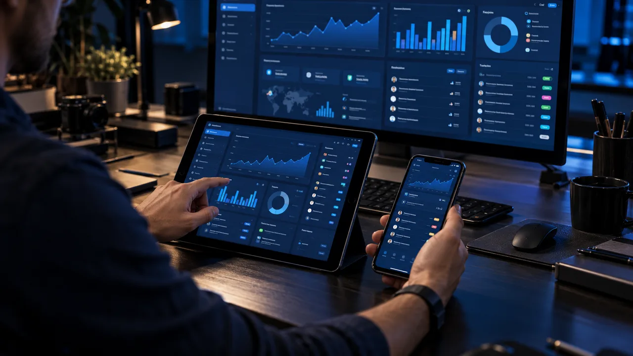 Escena ilustrativa de una aplicación empresarial en uso en monitor, tablet y teléfono
