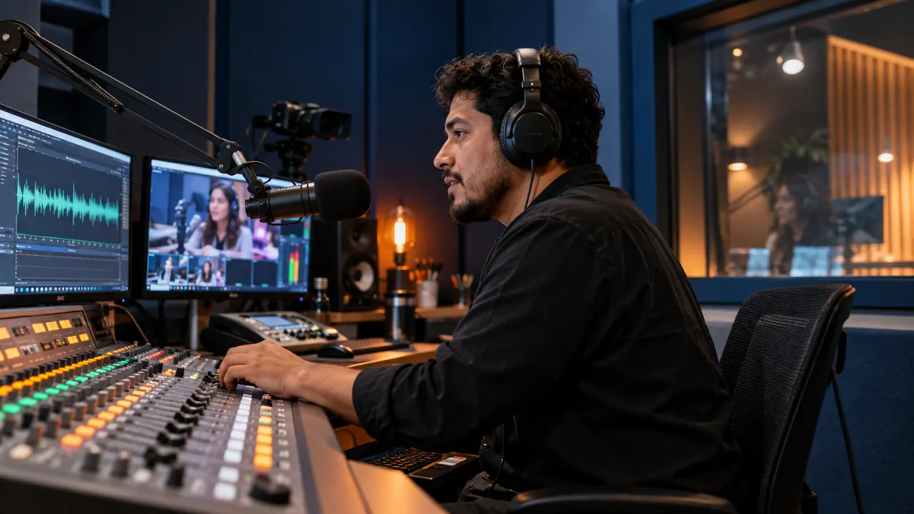 Escena ilustrativa de producción de radio con consola, micrófono y pantallas