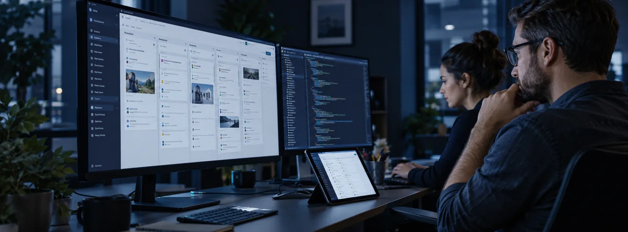 Escena ilustrativa de desarrollo de una aplicación con interfaces, código y dispositivos