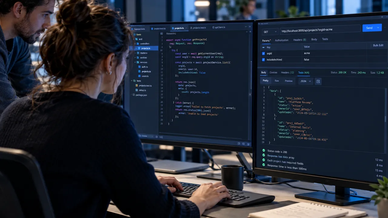 Escena ilustrativa de ingeniería de software con código, pruebas e integración de APIs