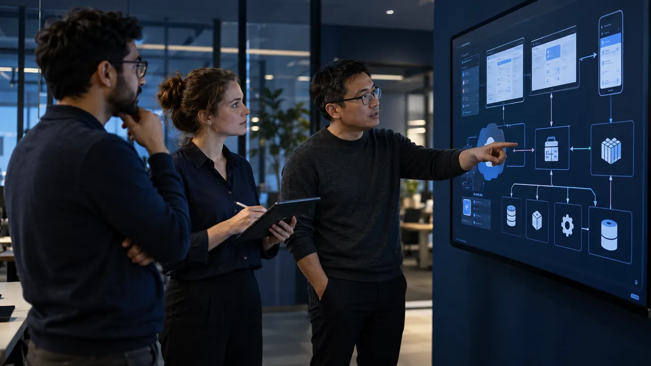 Escena ilustrativa de un equipo de tecnología revisando la arquitectura de un proyecto